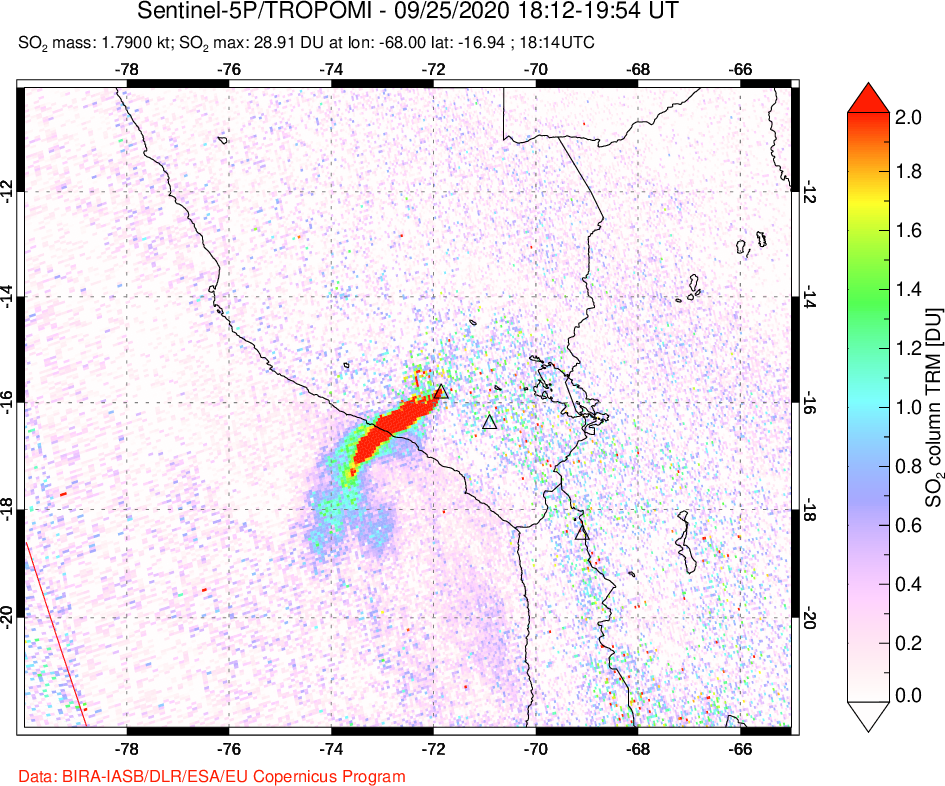 A sulfur dioxide image over Peru on Sep 25, 2020.