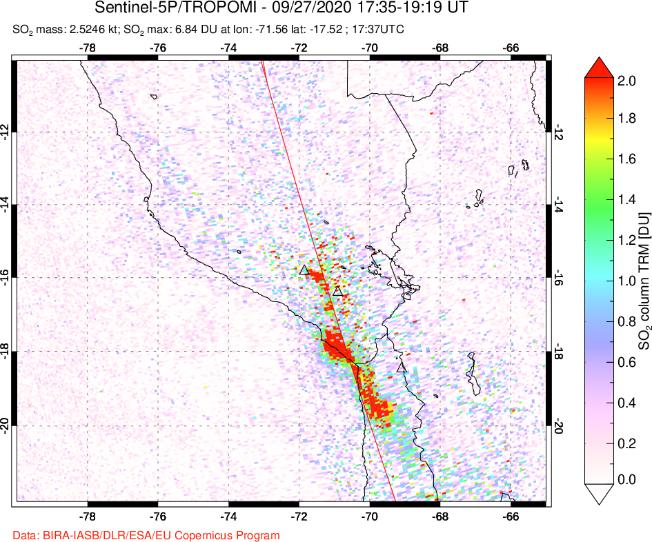 A sulfur dioxide image over Peru on Sep 27, 2020.