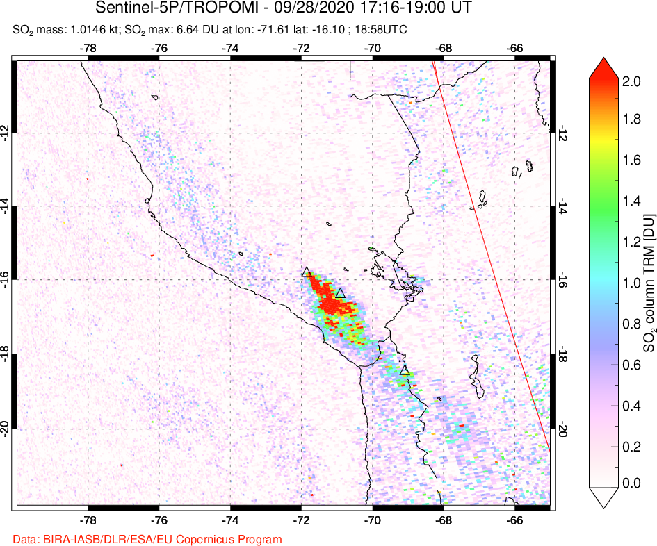 A sulfur dioxide image over Peru on Sep 28, 2020.
