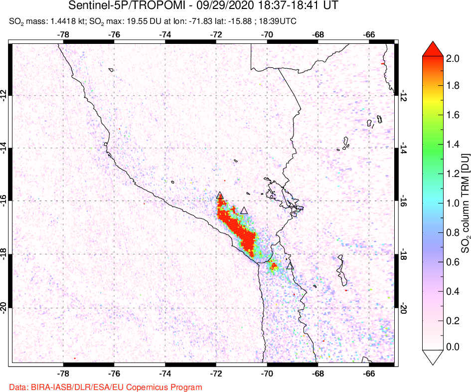 A sulfur dioxide image over Peru on Sep 29, 2020.