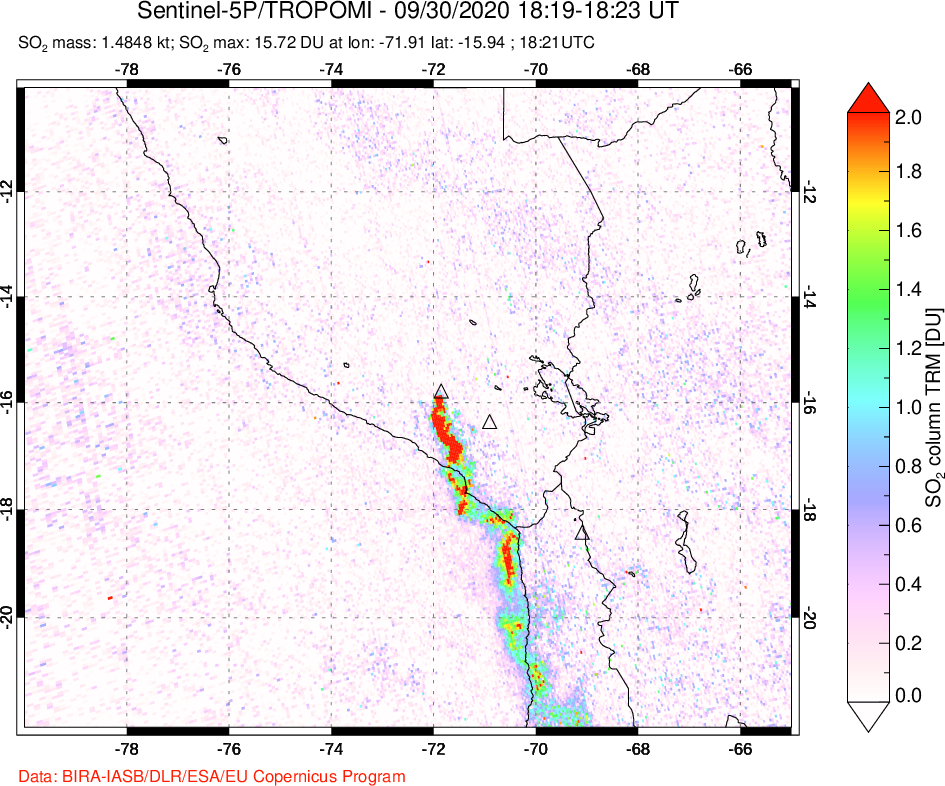 A sulfur dioxide image over Peru on Sep 30, 2020.