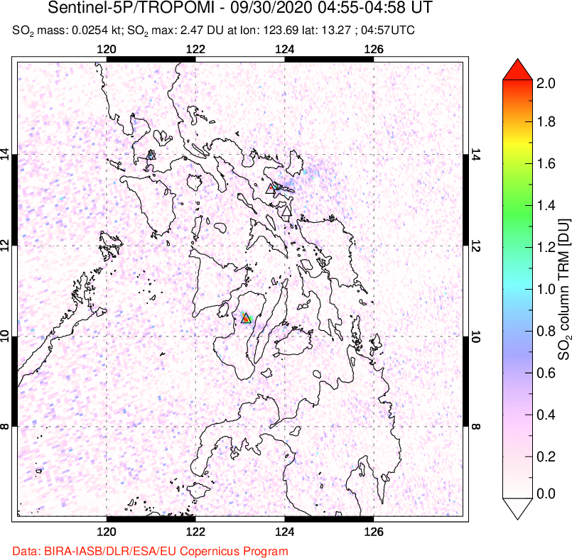 A sulfur dioxide image over Philippines on Sep 30, 2020.