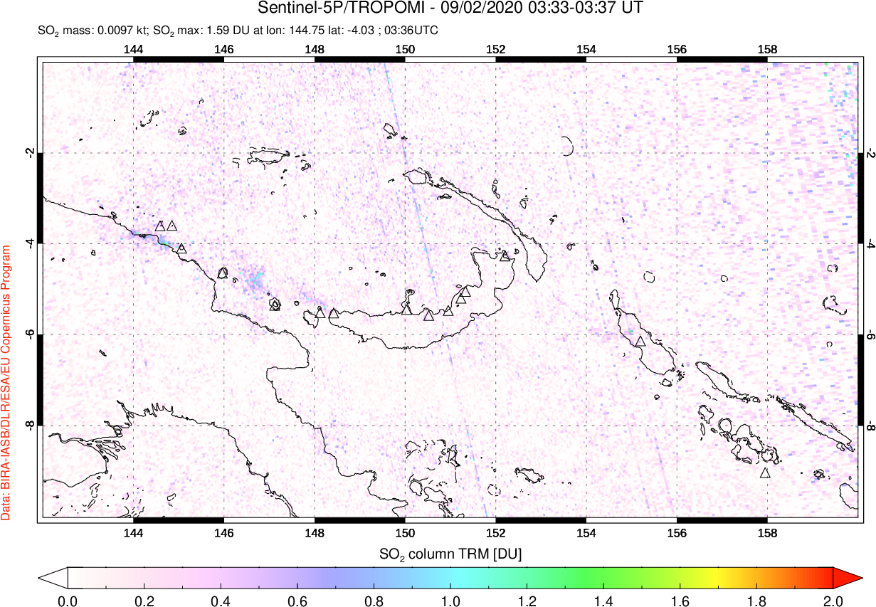A sulfur dioxide image over Papua, New Guinea on Sep 02, 2020.