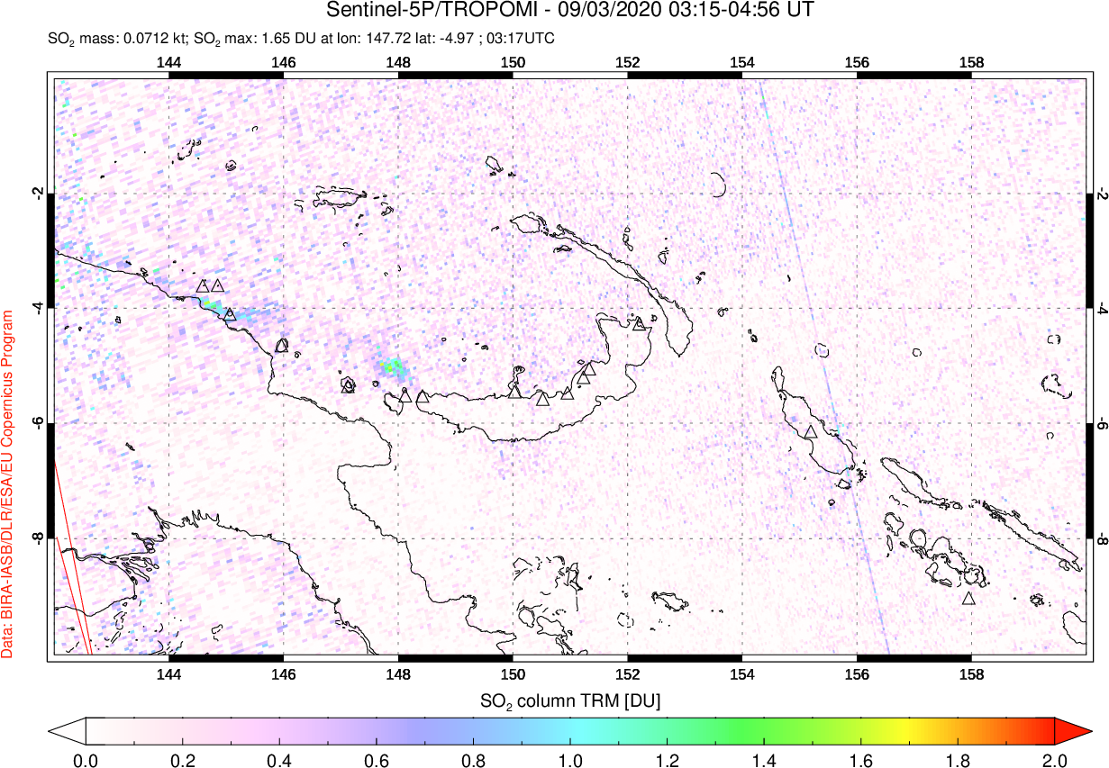 A sulfur dioxide image over Papua, New Guinea on Sep 03, 2020.