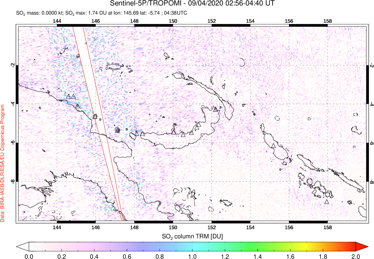 A sulfur dioxide image over Papua, New Guinea on Sep 04, 2020.