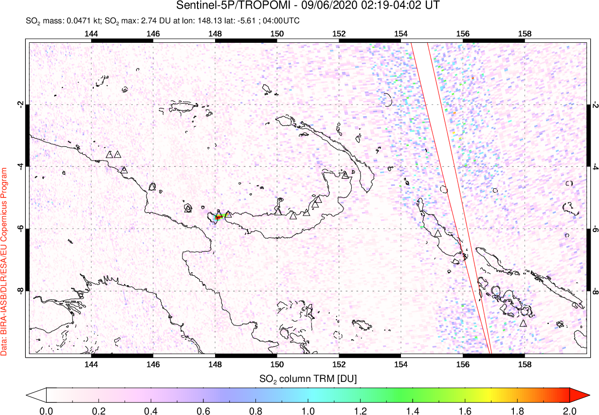 A sulfur dioxide image over Papua, New Guinea on Sep 06, 2020.