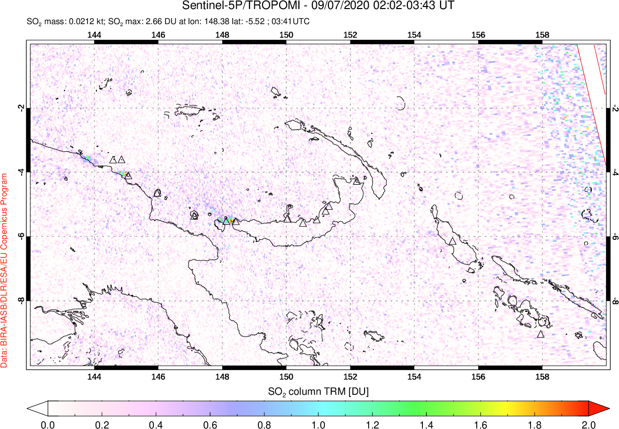 A sulfur dioxide image over Papua, New Guinea on Sep 07, 2020.