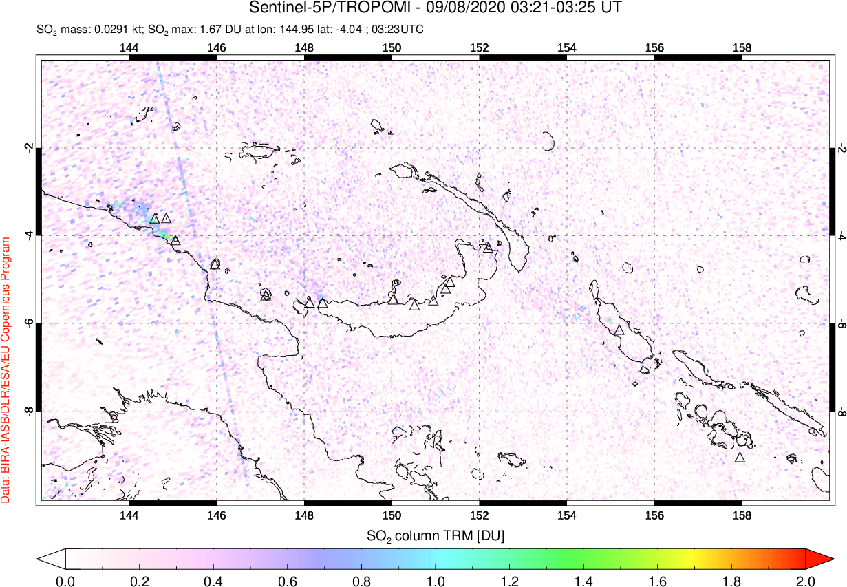 A sulfur dioxide image over Papua, New Guinea on Sep 08, 2020.