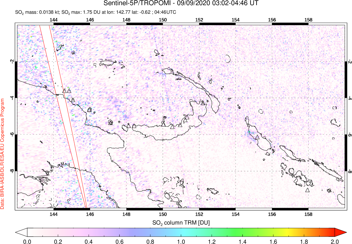 A sulfur dioxide image over Papua, New Guinea on Sep 09, 2020.