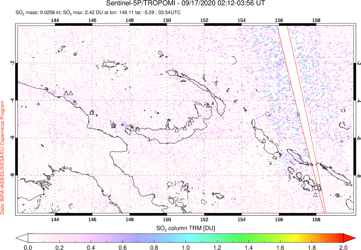 A sulfur dioxide image over Papua, New Guinea on Sep 17, 2020.