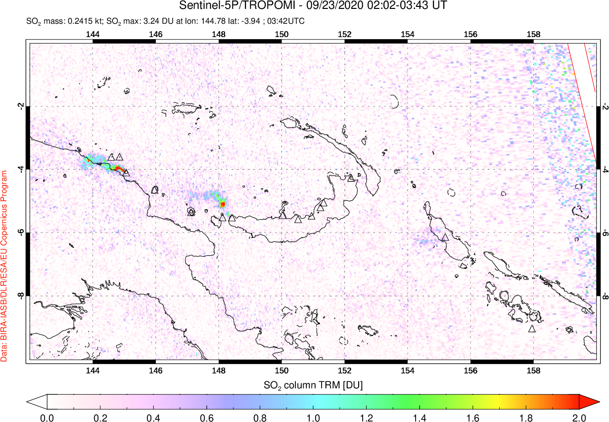 A sulfur dioxide image over Papua, New Guinea on Sep 23, 2020.