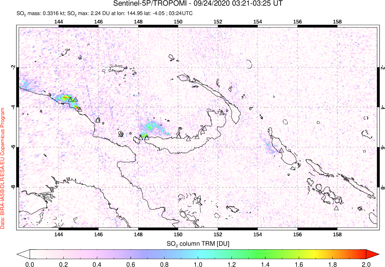 A sulfur dioxide image over Papua, New Guinea on Sep 24, 2020.