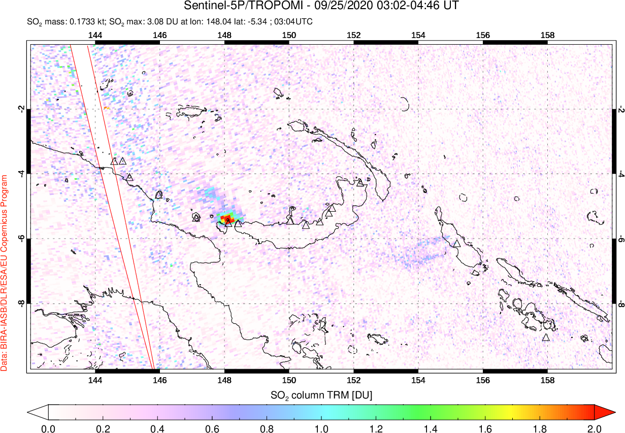 A sulfur dioxide image over Papua, New Guinea on Sep 25, 2020.