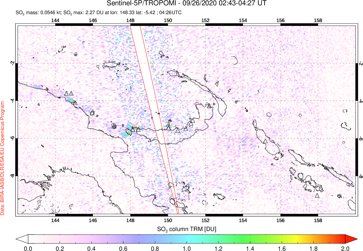 A sulfur dioxide image over Papua, New Guinea on Sep 26, 2020.