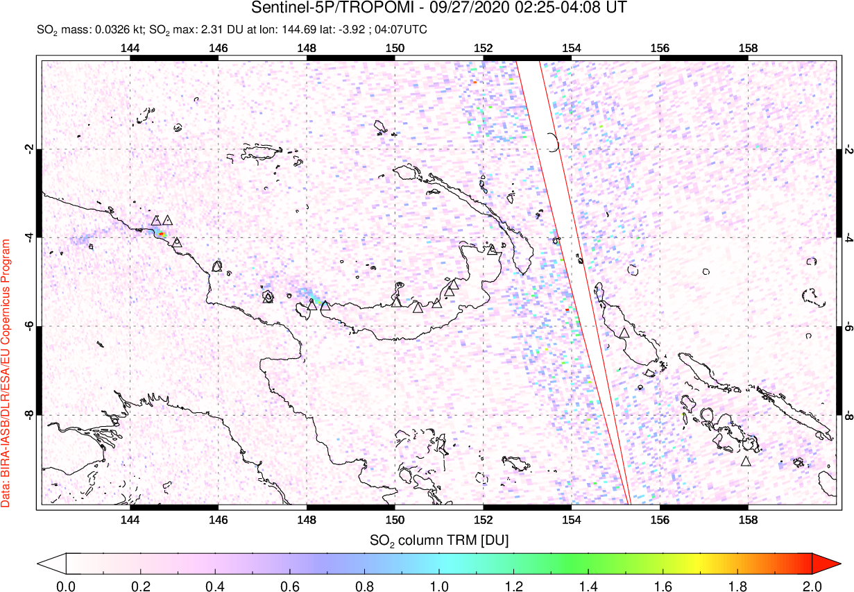 A sulfur dioxide image over Papua, New Guinea on Sep 27, 2020.