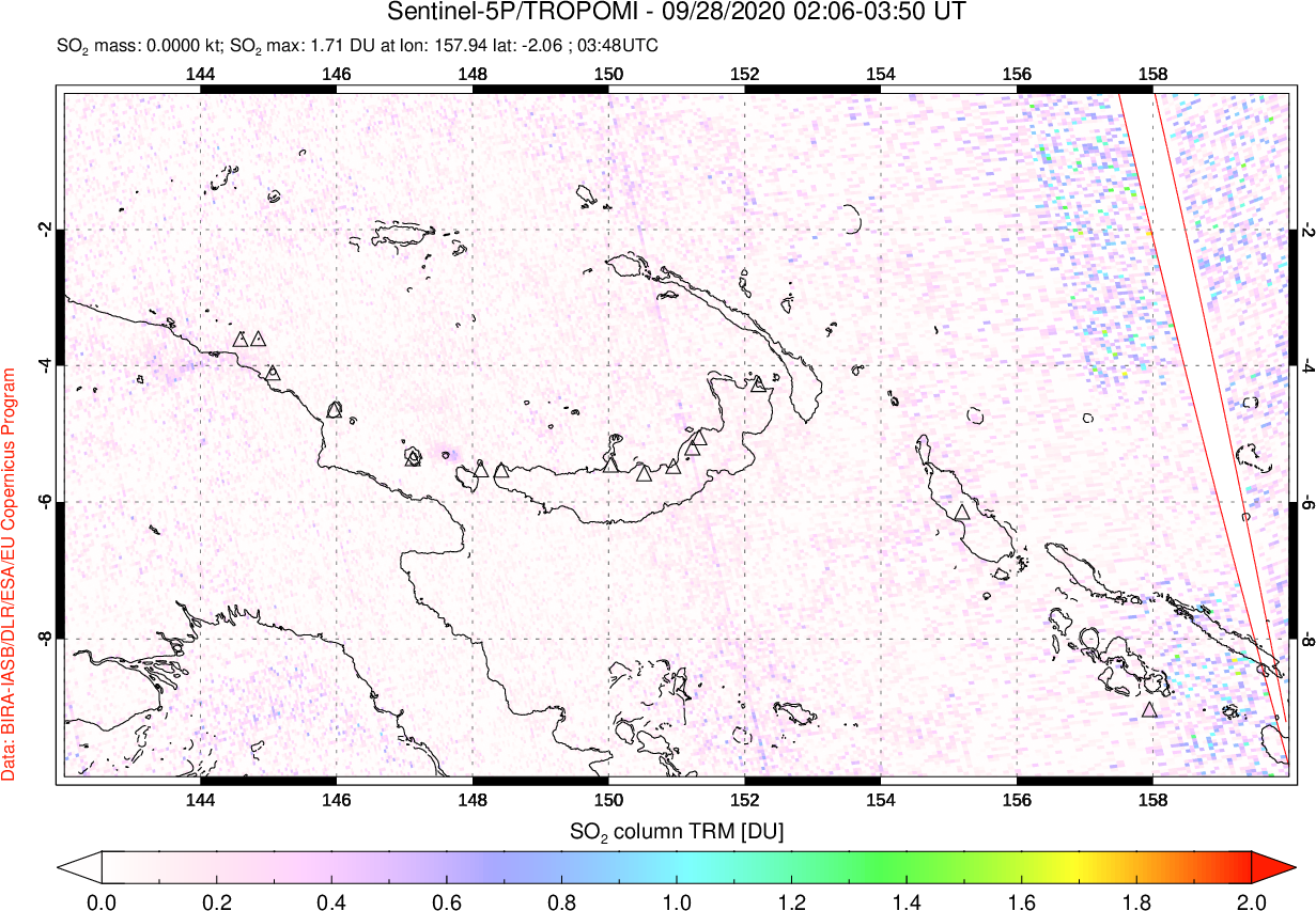 A sulfur dioxide image over Papua, New Guinea on Sep 28, 2020.