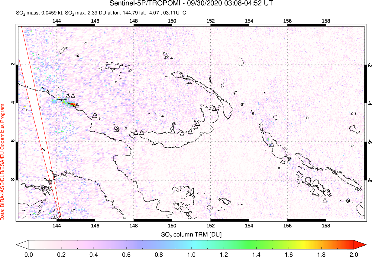 A sulfur dioxide image over Papua, New Guinea on Sep 30, 2020.