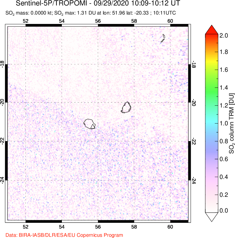 A sulfur dioxide image over Reunion Island, Indian Ocean on Sep 29, 2020.