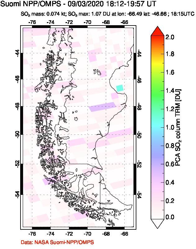 A sulfur dioxide image over Southern Chile on Sep 03, 2020.