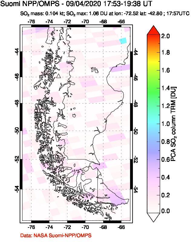 A sulfur dioxide image over Southern Chile on Sep 04, 2020.