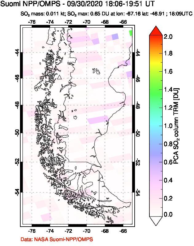 A sulfur dioxide image over Southern Chile on Sep 30, 2020.