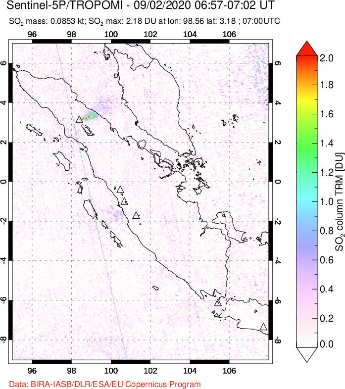 A sulfur dioxide image over Sumatra, Indonesia on Sep 02, 2020.