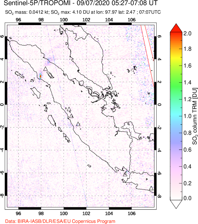A sulfur dioxide image over Sumatra, Indonesia on Sep 07, 2020.