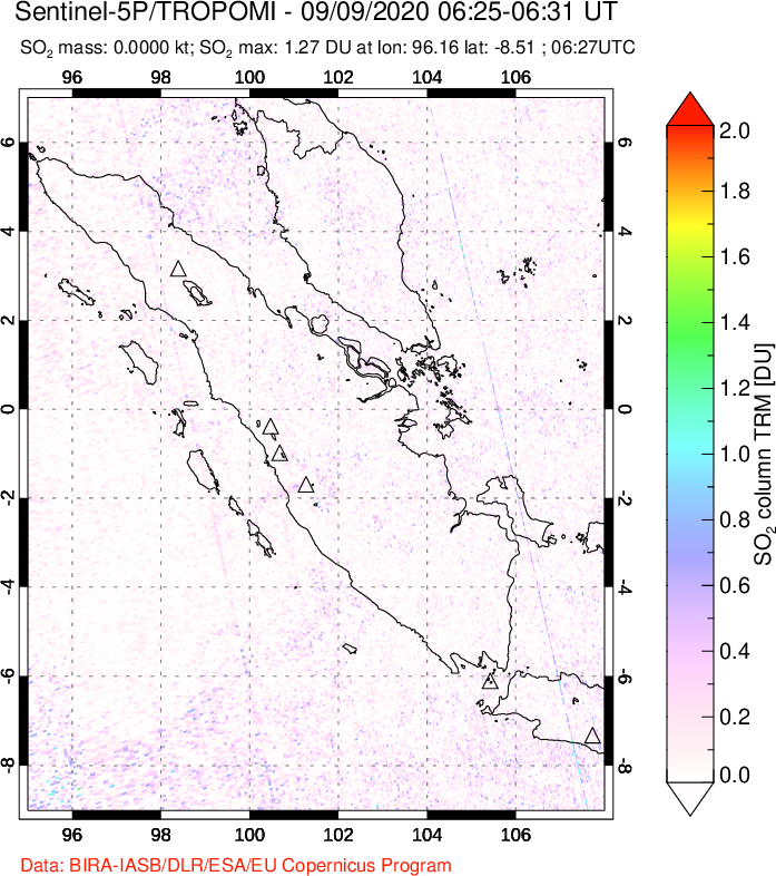 A sulfur dioxide image over Sumatra, Indonesia on Sep 09, 2020.