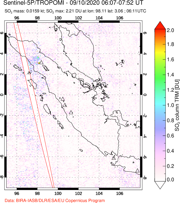A sulfur dioxide image over Sumatra, Indonesia on Sep 10, 2020.