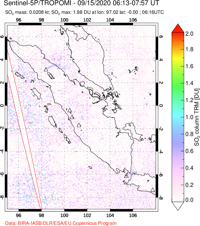 A sulfur dioxide image over Sumatra, Indonesia on Sep 15, 2020.