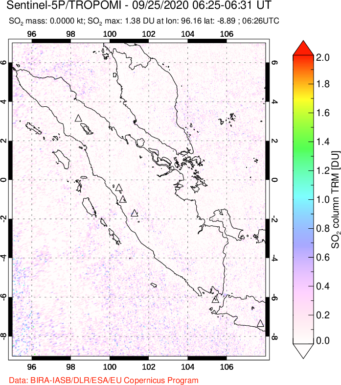 A sulfur dioxide image over Sumatra, Indonesia on Sep 25, 2020.