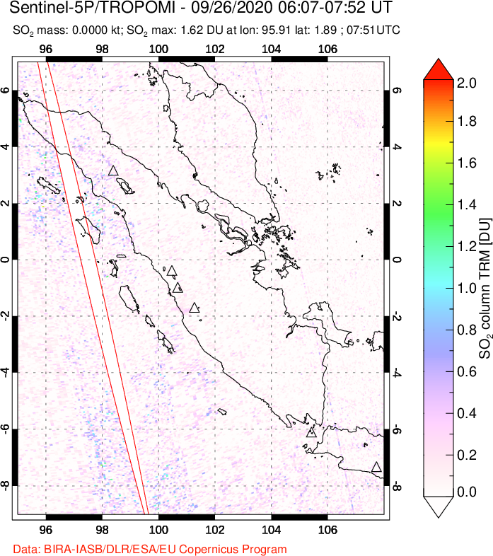 A sulfur dioxide image over Sumatra, Indonesia on Sep 26, 2020.