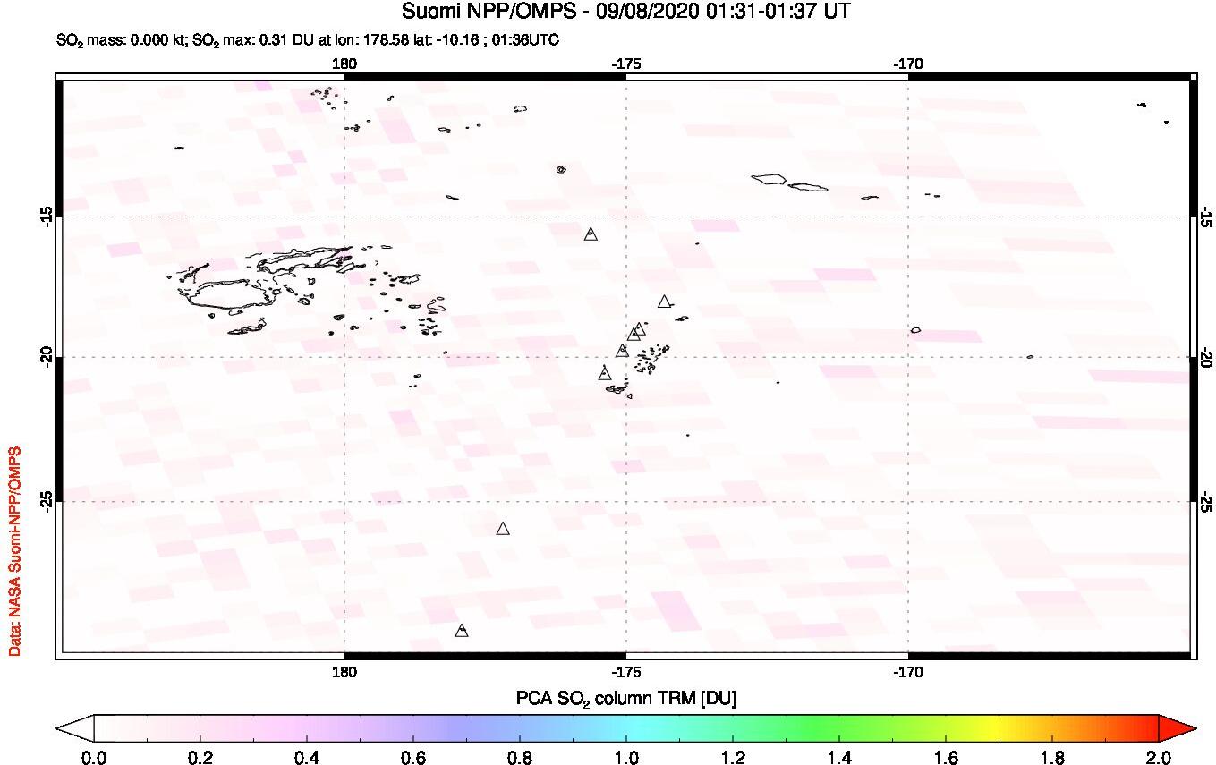 A sulfur dioxide image over Tonga, South Pacific on Sep 08, 2020.
