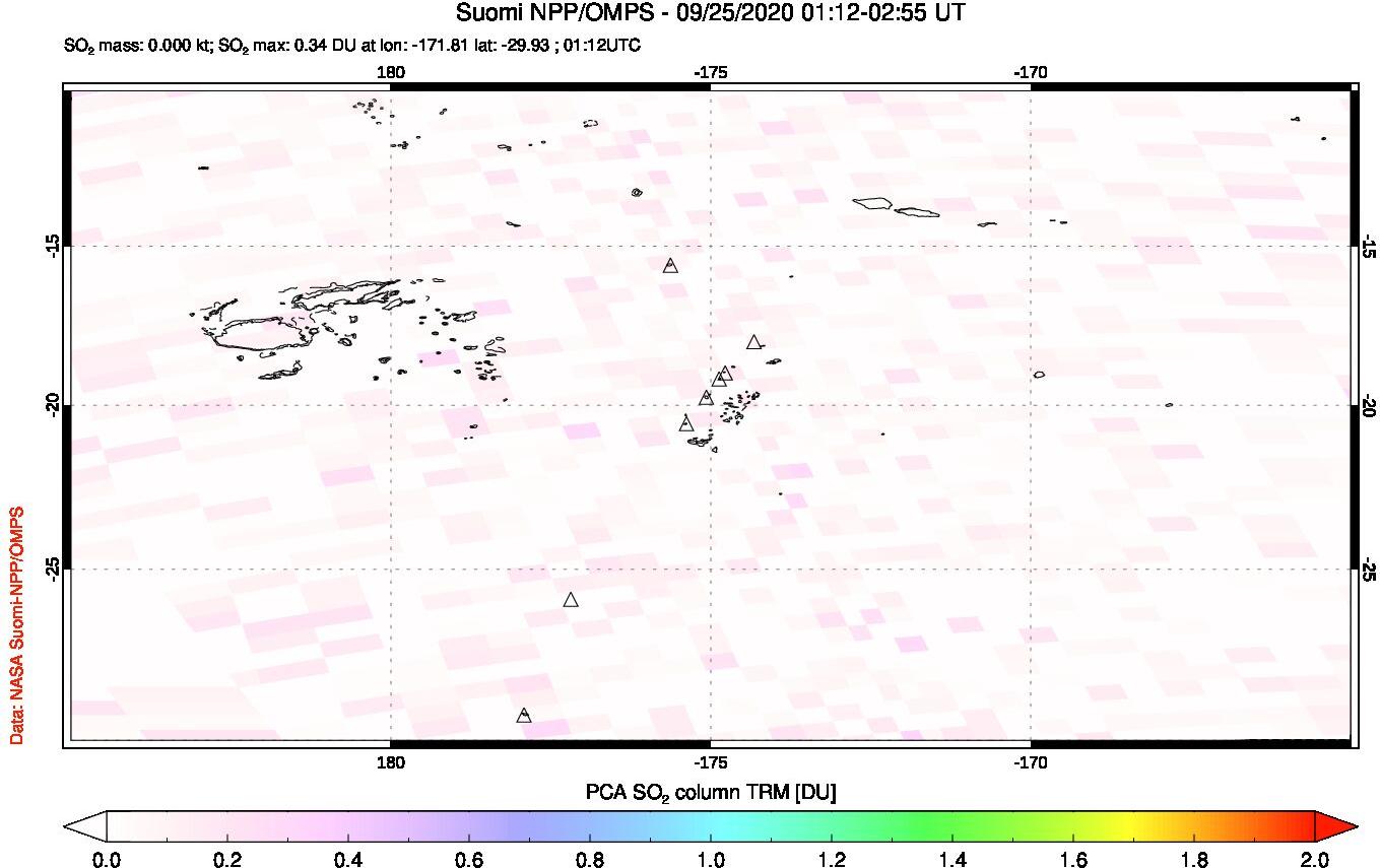 A sulfur dioxide image over Tonga, South Pacific on Sep 25, 2020.