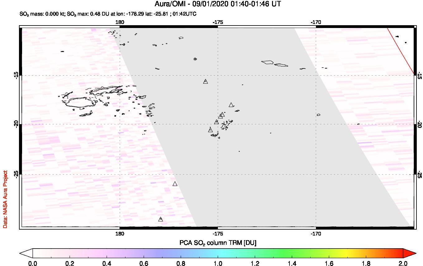 A sulfur dioxide image over Tonga, South Pacific on Sep 01, 2020.