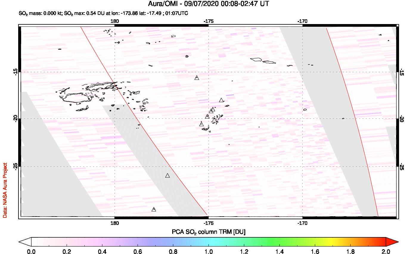 A sulfur dioxide image over Tonga, South Pacific on Sep 07, 2020.