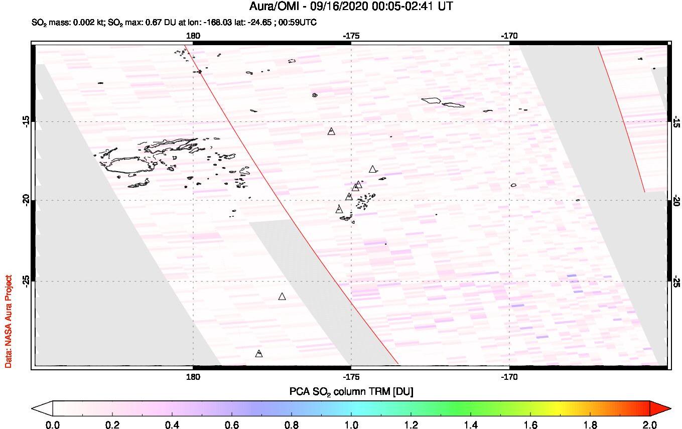 A sulfur dioxide image over Tonga, South Pacific on Sep 16, 2020.