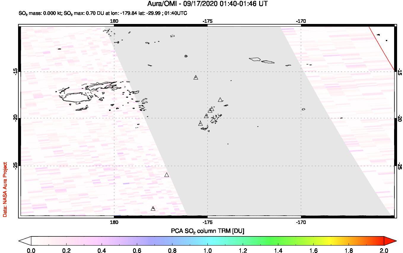 A sulfur dioxide image over Tonga, South Pacific on Sep 17, 2020.