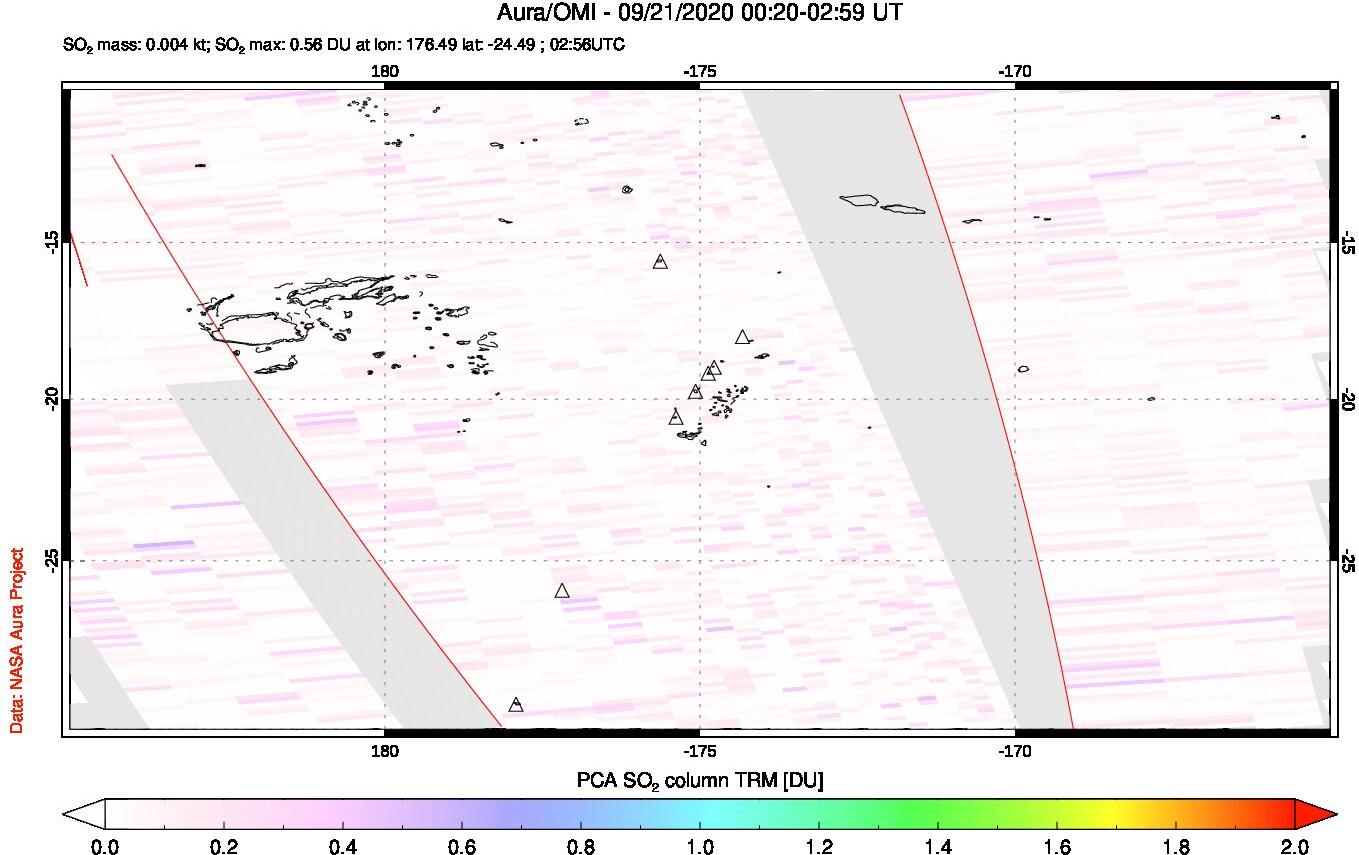 A sulfur dioxide image over Tonga, South Pacific on Sep 21, 2020.