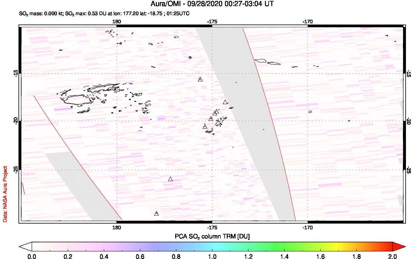 A sulfur dioxide image over Tonga, South Pacific on Sep 28, 2020.
