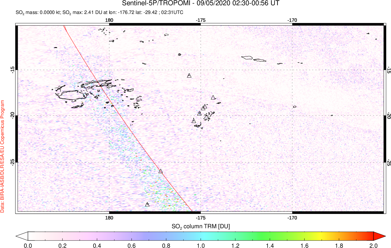 A sulfur dioxide image over Tonga, South Pacific on Sep 05, 2020.