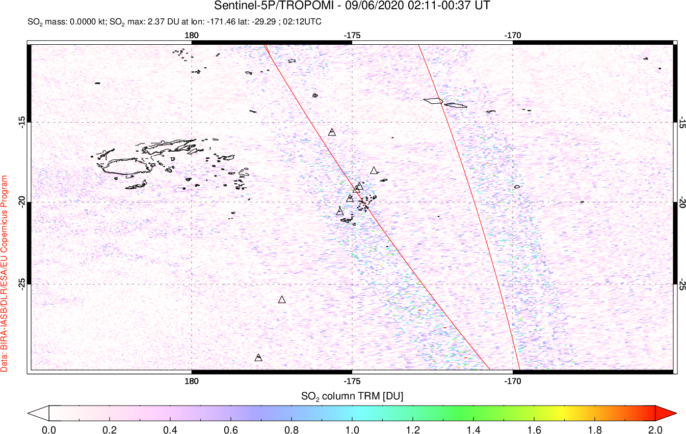 A sulfur dioxide image over Tonga, South Pacific on Sep 06, 2020.