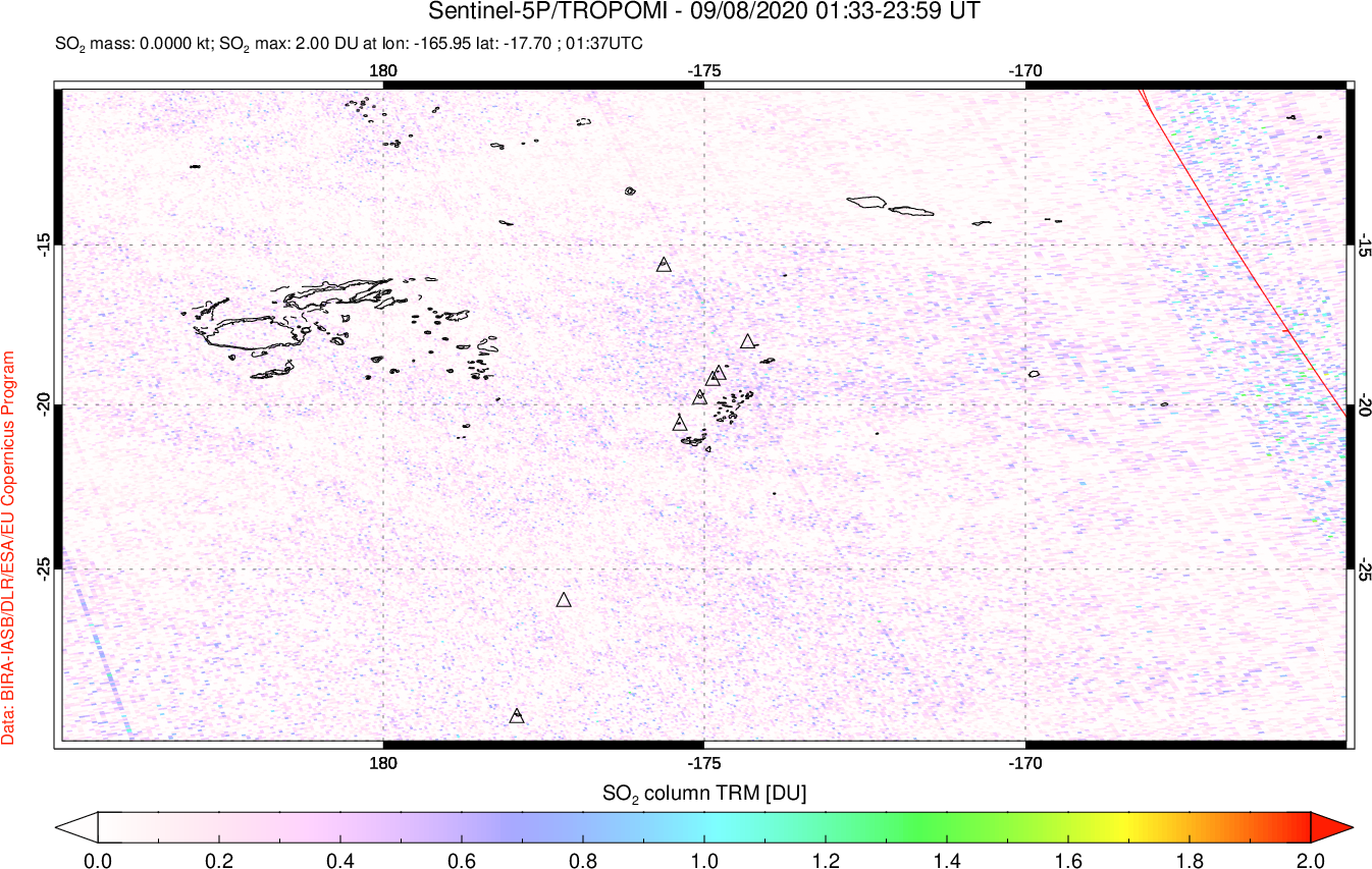 A sulfur dioxide image over Tonga, South Pacific on Sep 08, 2020.