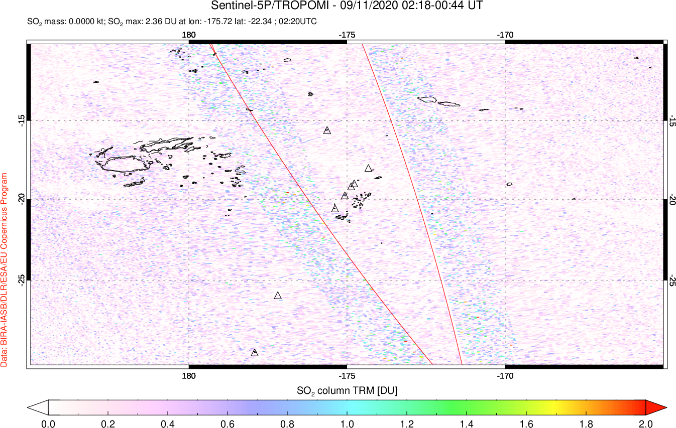 A sulfur dioxide image over Tonga, South Pacific on Sep 11, 2020.
