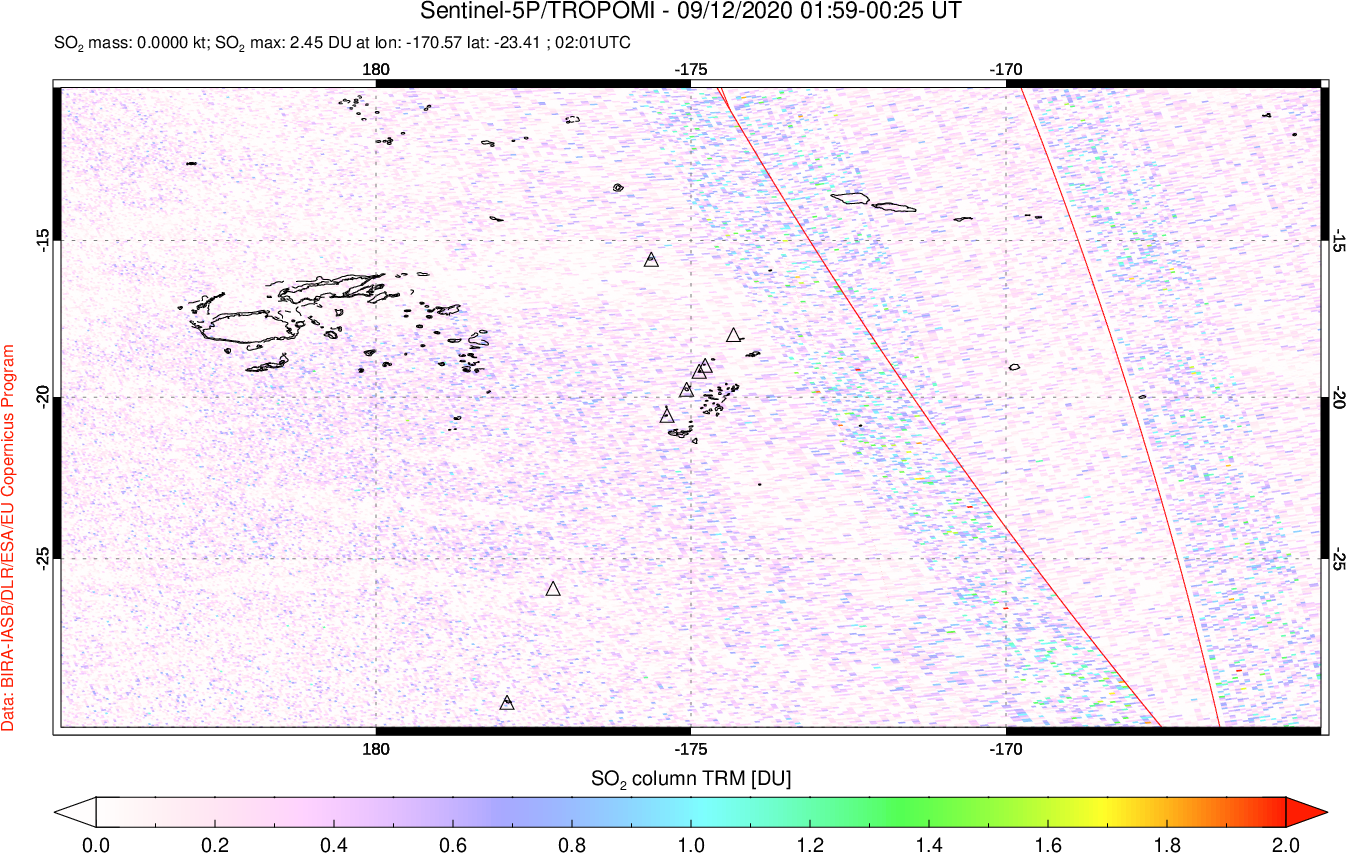 A sulfur dioxide image over Tonga, South Pacific on Sep 12, 2020.