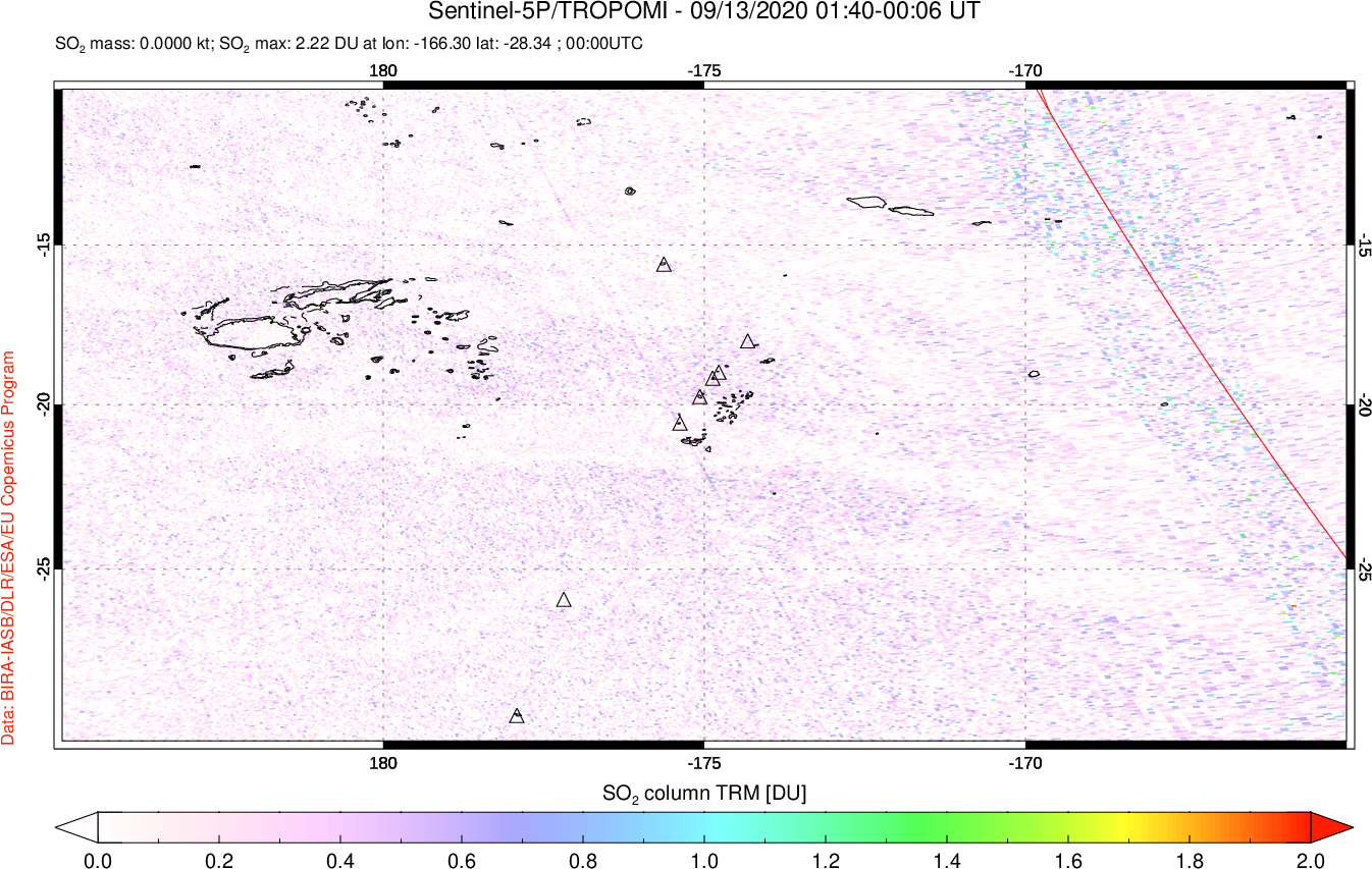 A sulfur dioxide image over Tonga, South Pacific on Sep 13, 2020.