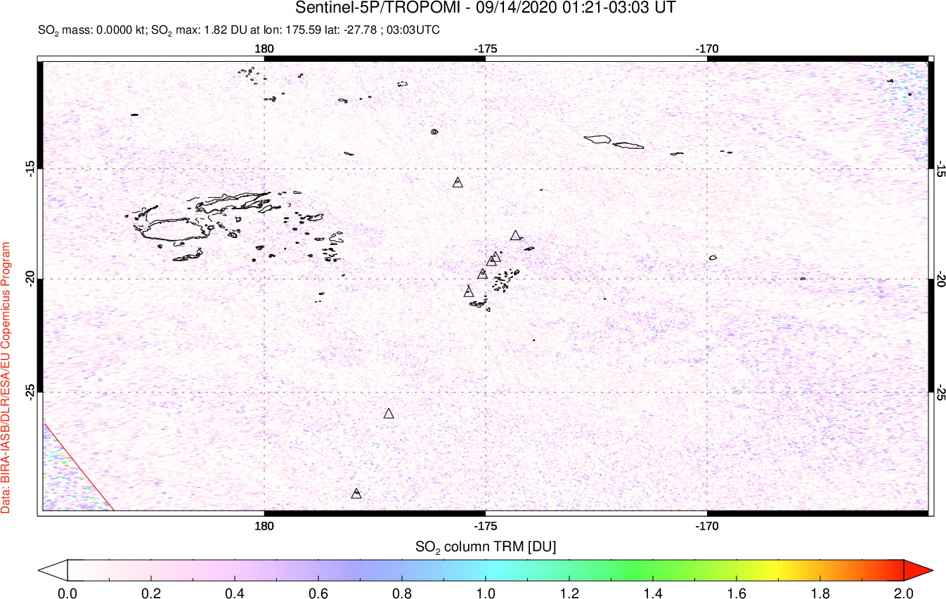 A sulfur dioxide image over Tonga, South Pacific on Sep 14, 2020.