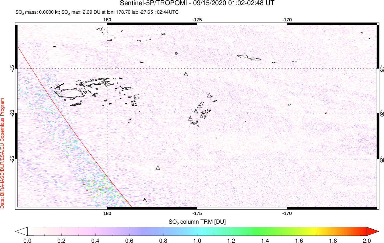 A sulfur dioxide image over Tonga, South Pacific on Sep 15, 2020.