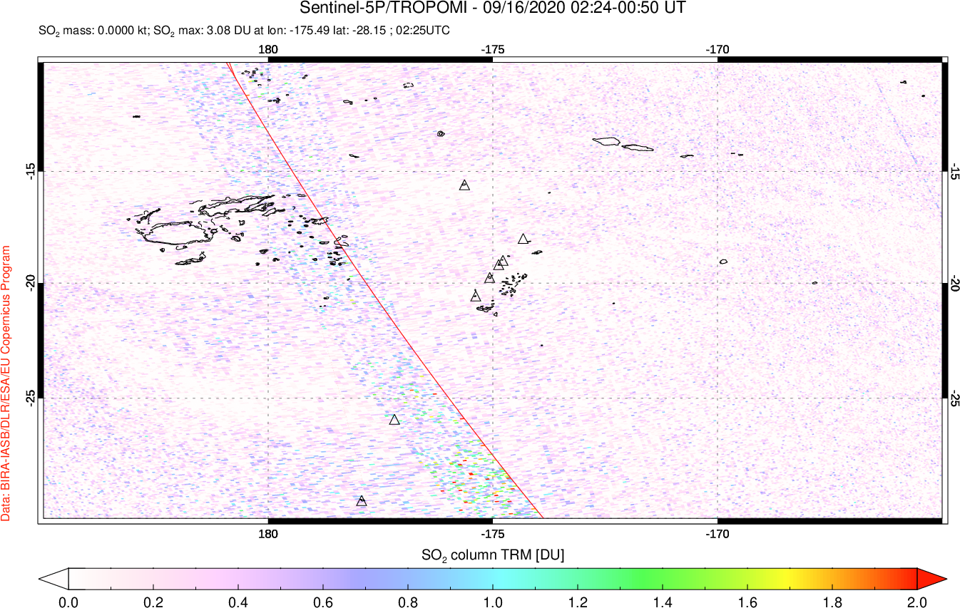 A sulfur dioxide image over Tonga, South Pacific on Sep 16, 2020.