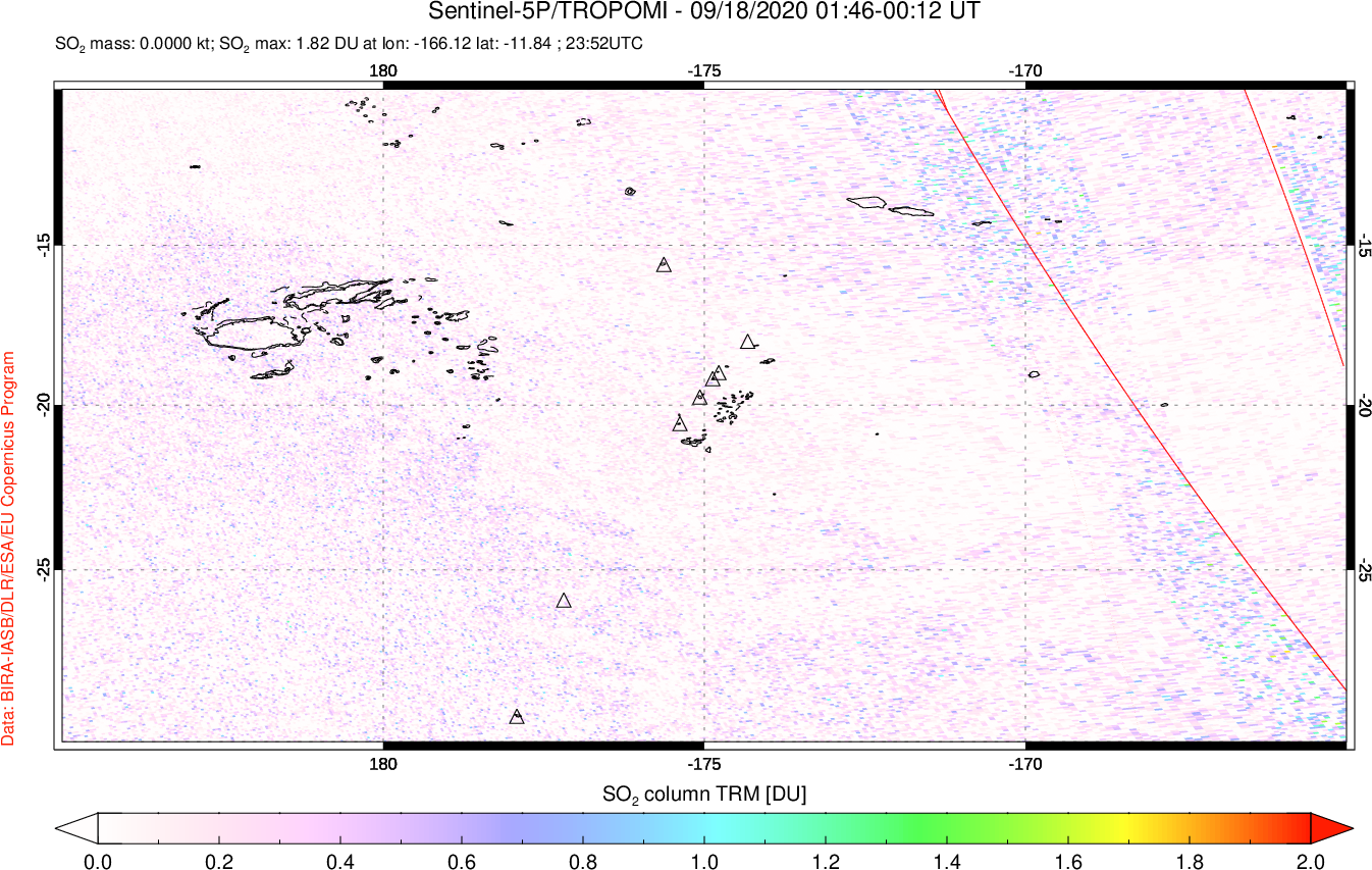 A sulfur dioxide image over Tonga, South Pacific on Sep 18, 2020.
